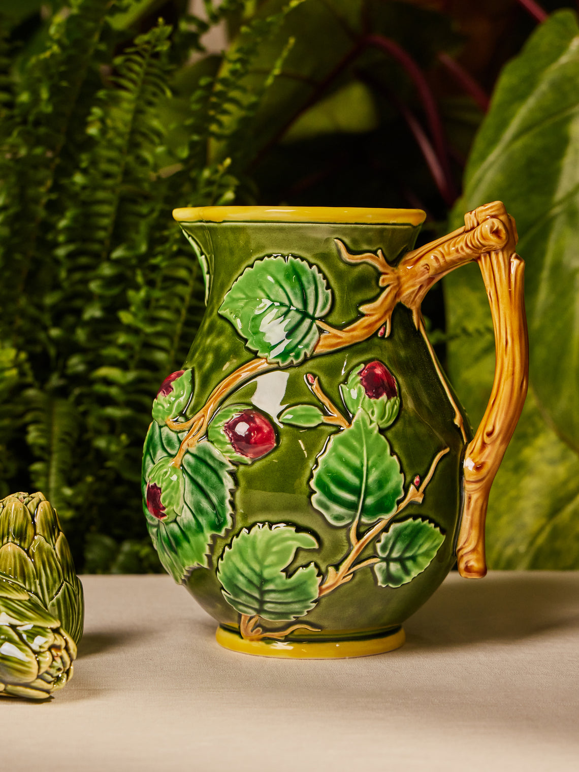 Verdolini - Buds Hand-Painted Majolica Ceramic Pitcher - Green - ABASK