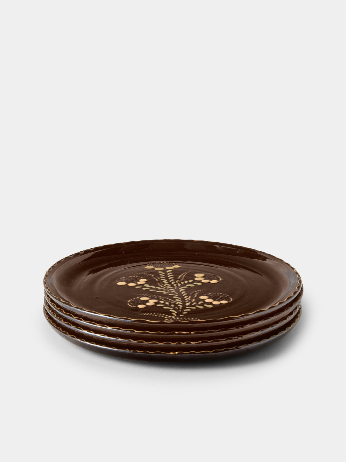 Poterie d’Évires - Flowers Hand-Painted Ceramic Dinner Plates – 9.5in/24cm (Set of 4) - Dark Brown - ABASK