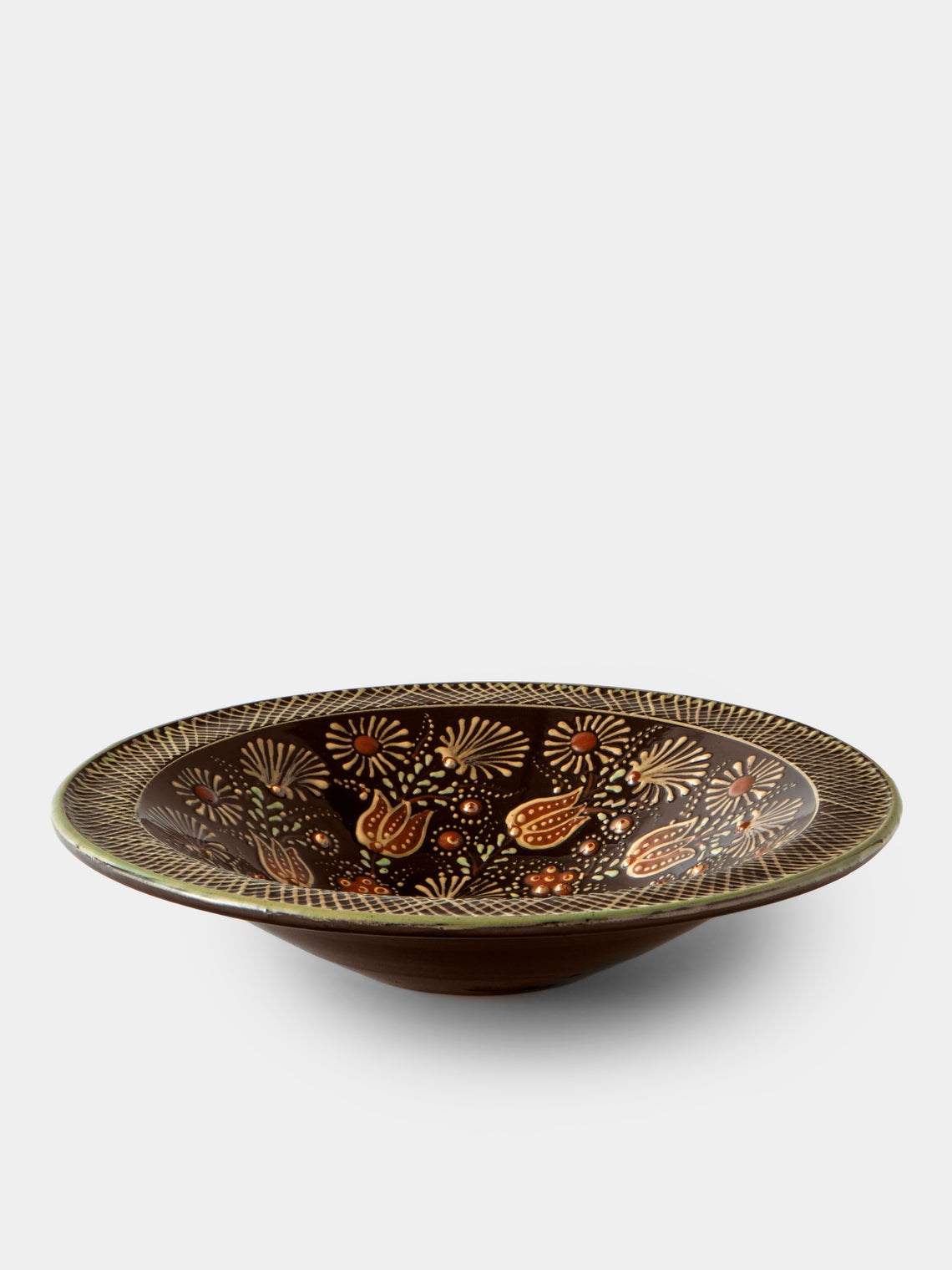 Poterie d’Évires - Flowers Hand-Painted Ceramic Small Serving Bowl - Dark Brown - ABASK - 
