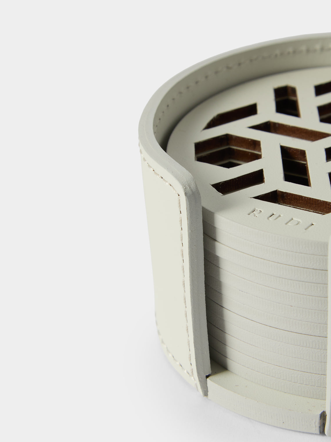 RUDI - | Set of 12 | Acquerello Leather Coasters with Holder - White - ABASK