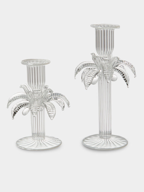 Alya Tannous - | Set of 2 | Palm Tree Hand-Blown Glass Candlesticks - Clear - ABASK - 