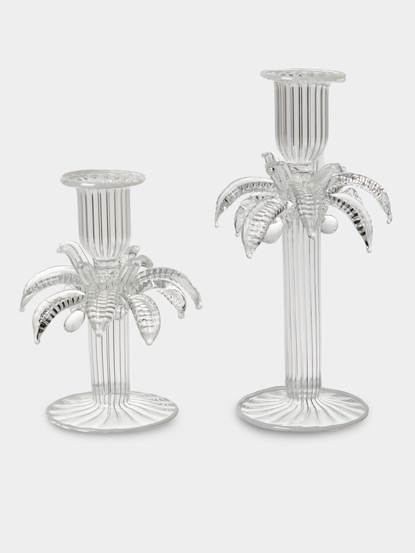Alya Tannous - | Set of 2 | Palm Tree Hand-Blown Glass Candlesticks - Clear - ABASK - 