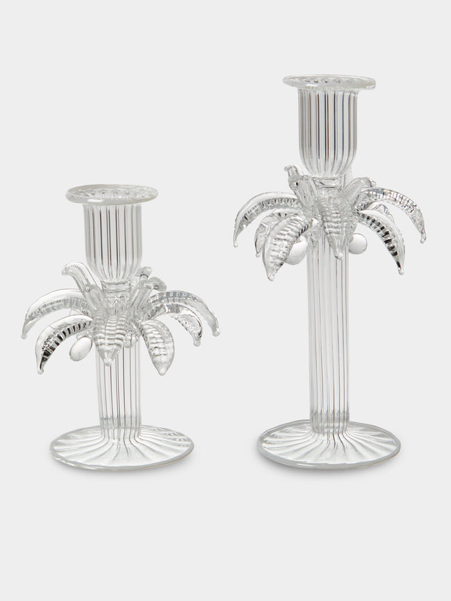 Alya Tannous - | Set of 2 | Palm Tree Hand-Blown Glass Candlesticks - Clear - ABASK - 