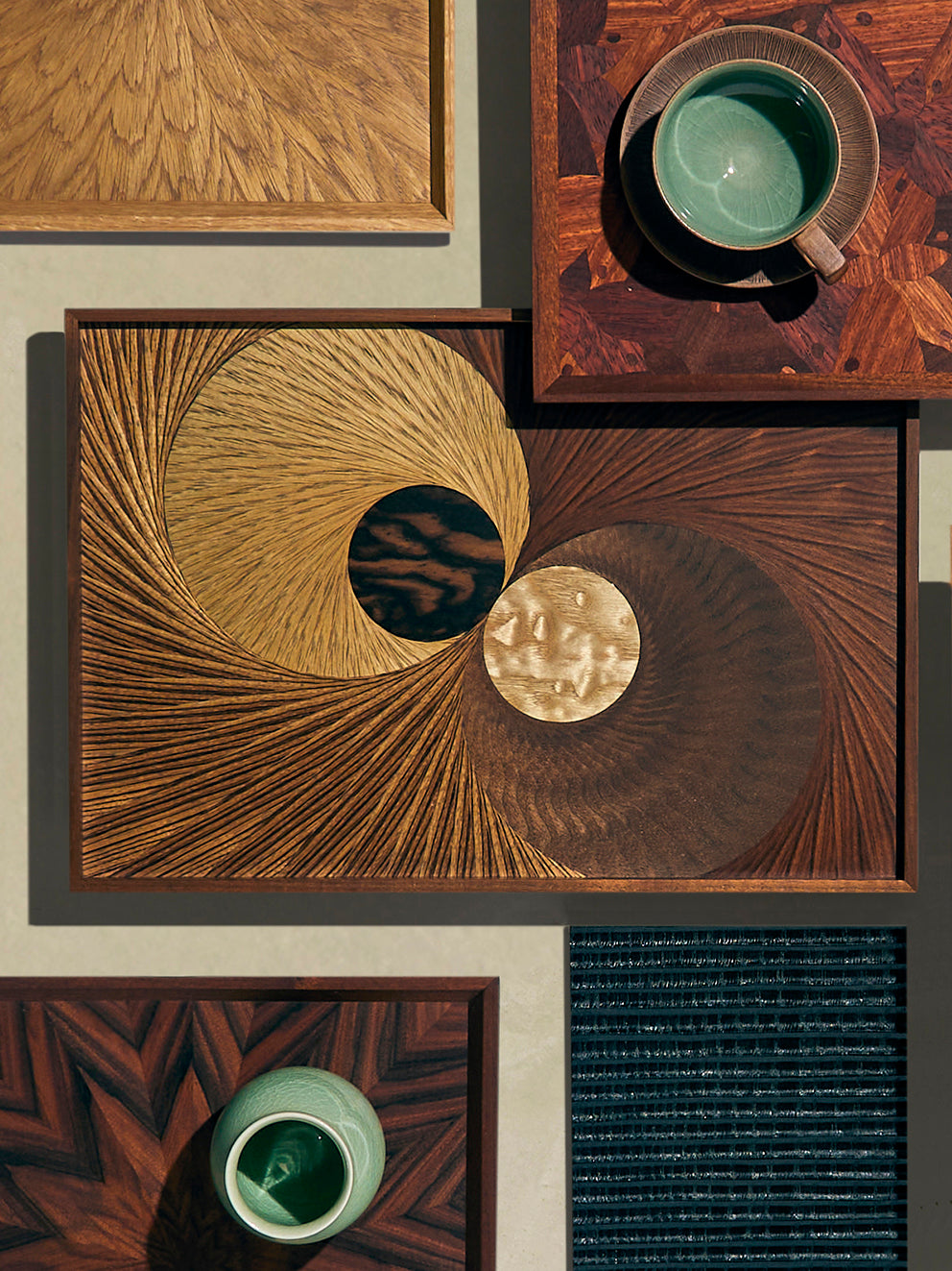 Mori Kougei - Flying Bird Poke Marquetry Wood Tray (14.5in/36.5cm) - Brown - ABASK