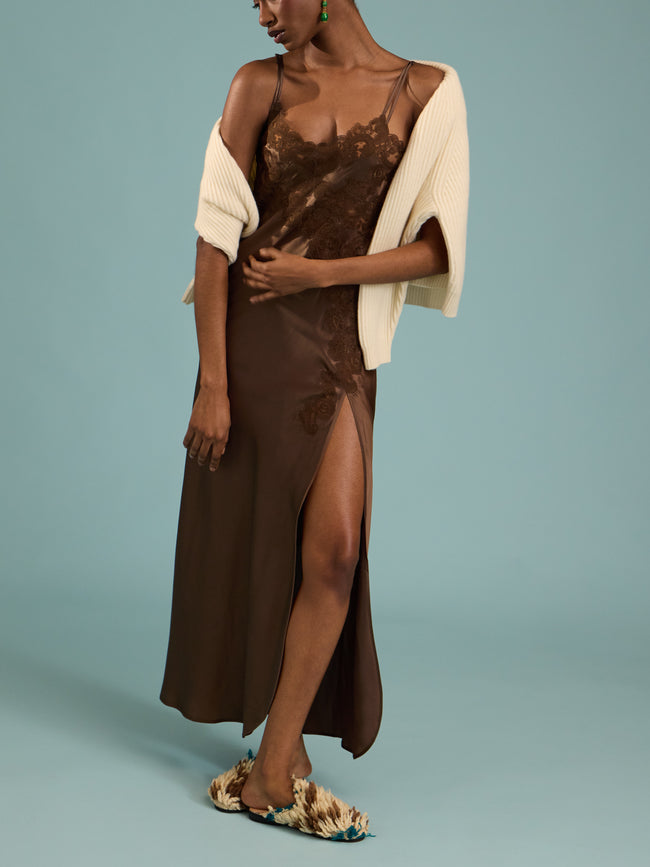 Loretta Caponi - Giadeite Silk and Lace Long Dress | Size: XS - Brown - ABASK