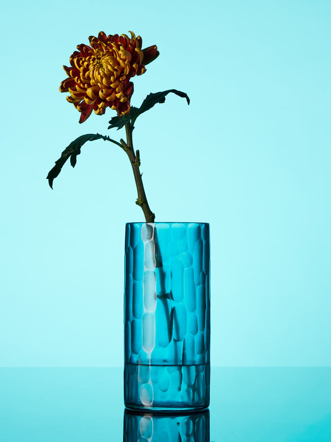 Micheluzzi Glass - Canna Acqua Bamboo Hand-Blown Murano Glass Vase (8.5in/22cm) - Blue - ABASK