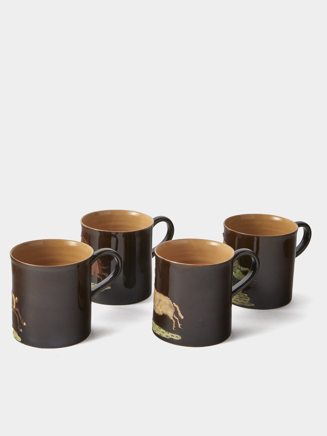 Poterie d’Évires - Animals Hand-Painted Ceramic Mugs (Set of 4) - Dark Brown - ABASK