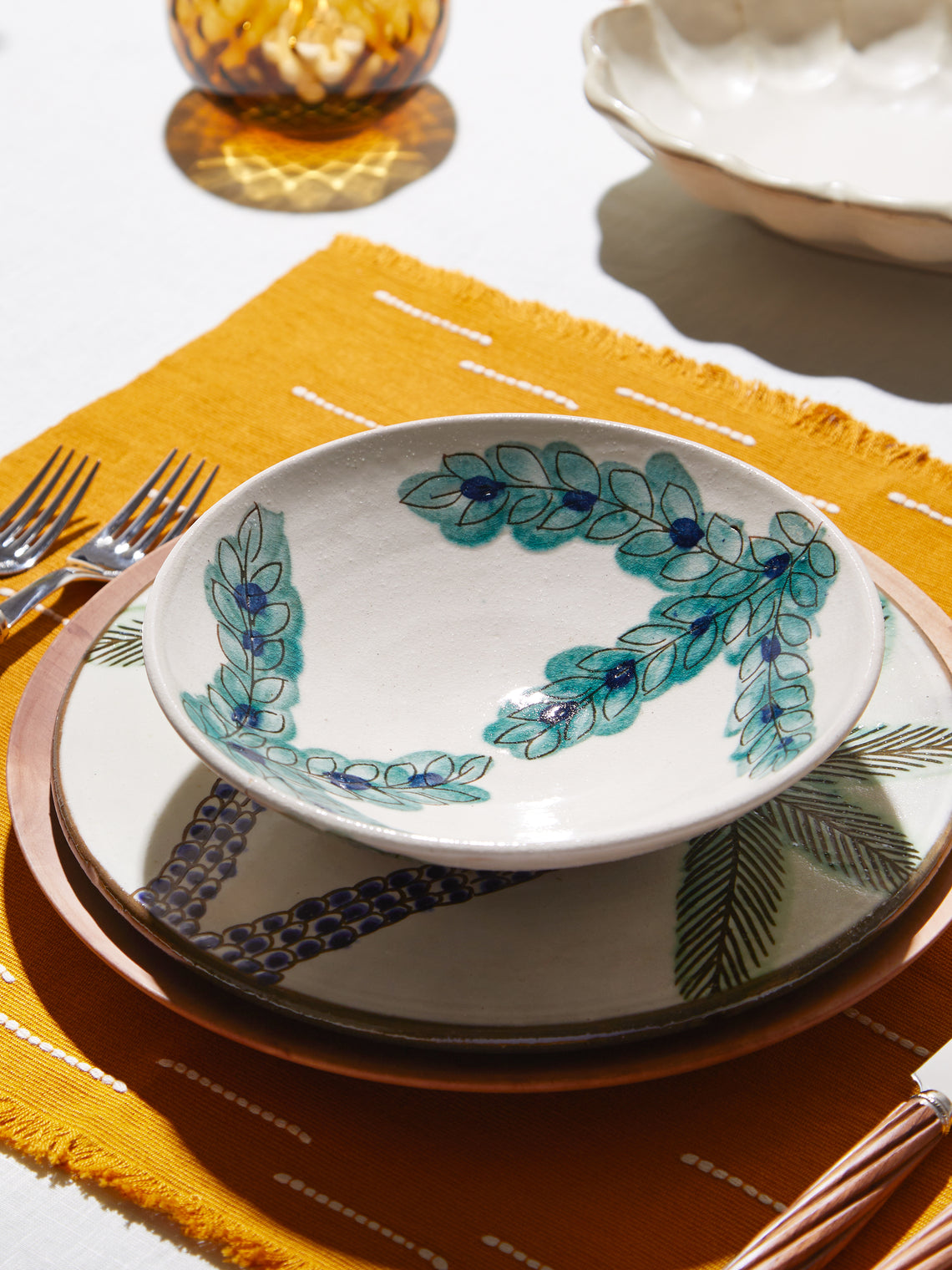 Malaika - Leaves Hand-Painted Ceramic Bowls (Set of 4) - Blue - ABASK