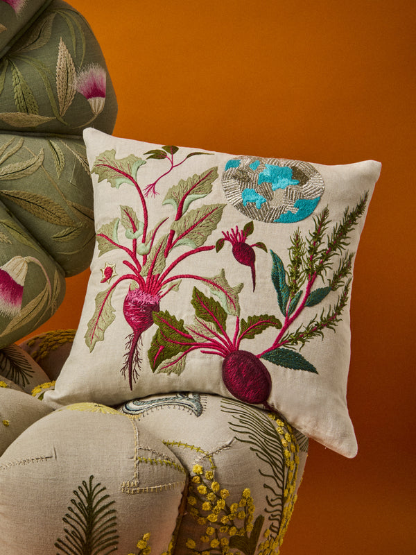 Bokja - Beet Moon Deep Embroidered Linen Cushion (17.5in/45cm) - Multiple - ABASK