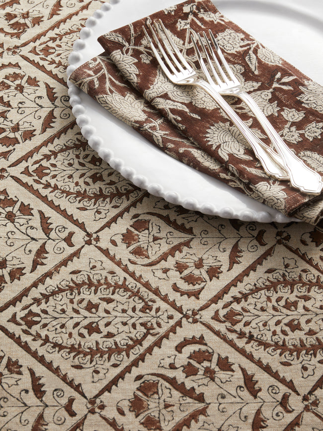 Chamois - Jaipur Block-Printed Linen Rectangular Tablecloth (138in/3.5m) - Brown - ABASK