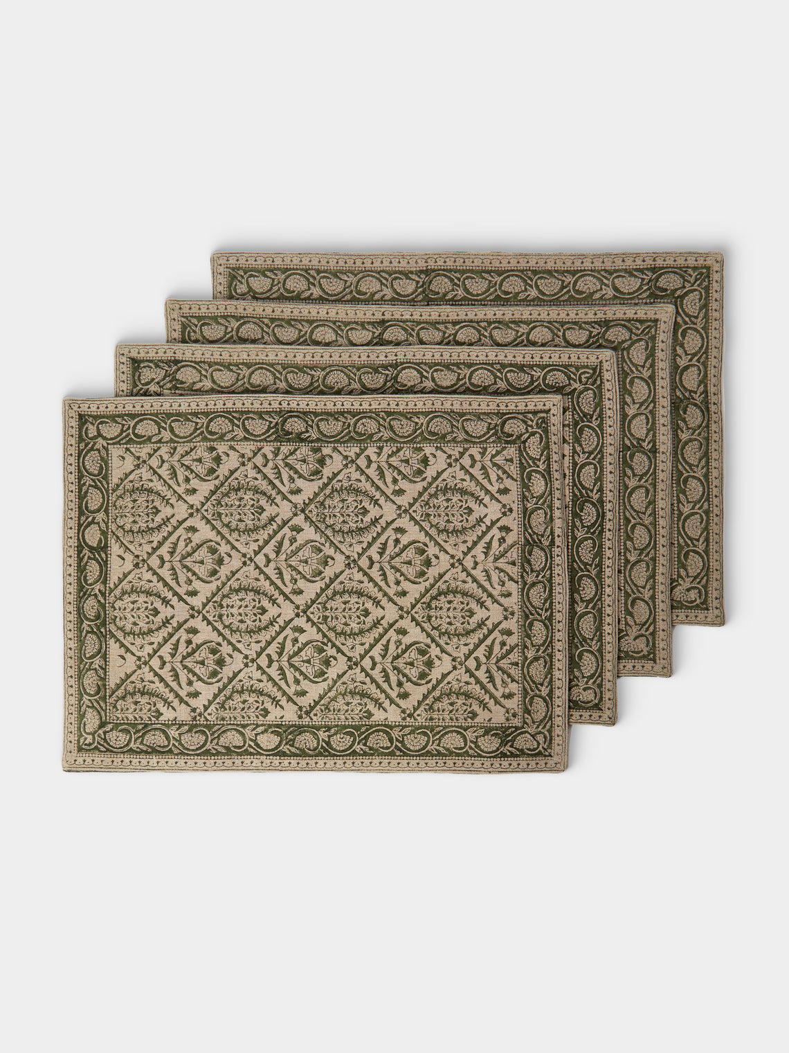 Chamois - | Set of 4 | Jaipur Block-Printed Linen Placemats - Green - ABASK - 