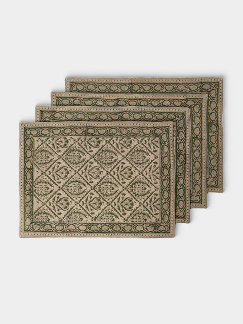 Chamois - | Set of 4 | Jaipur Block-Printed Linen Placemats - Green - ABASK - 