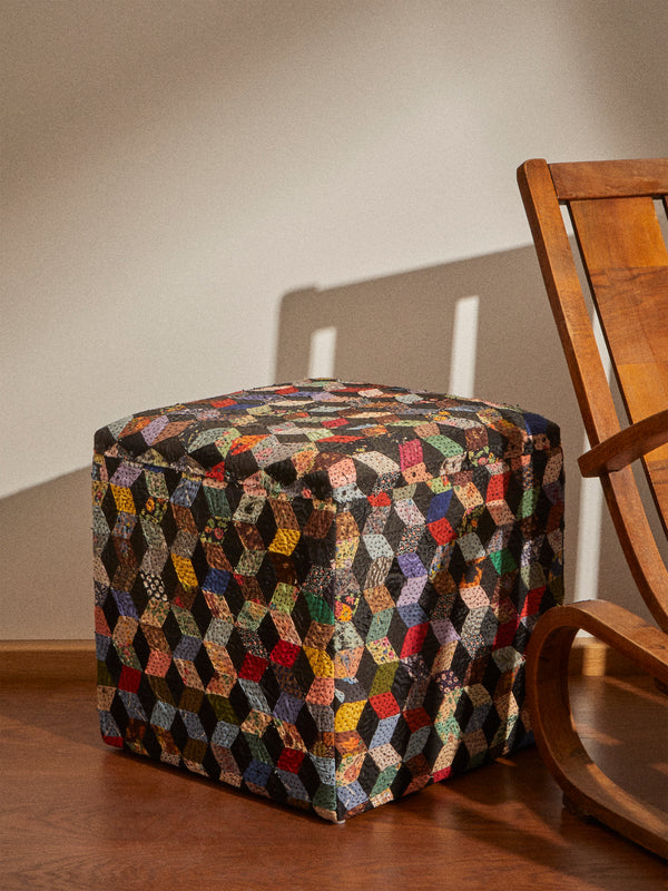 By Walid - Oak and Vintage Patchwork Silk Storage Stool - Multiple - ABASK