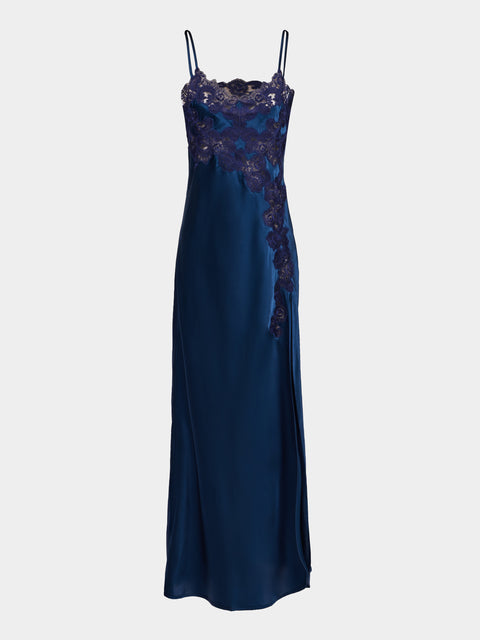 Loretta Caponi - Giadeite Silk and Lace Long Dress - Navy - ABASK - 