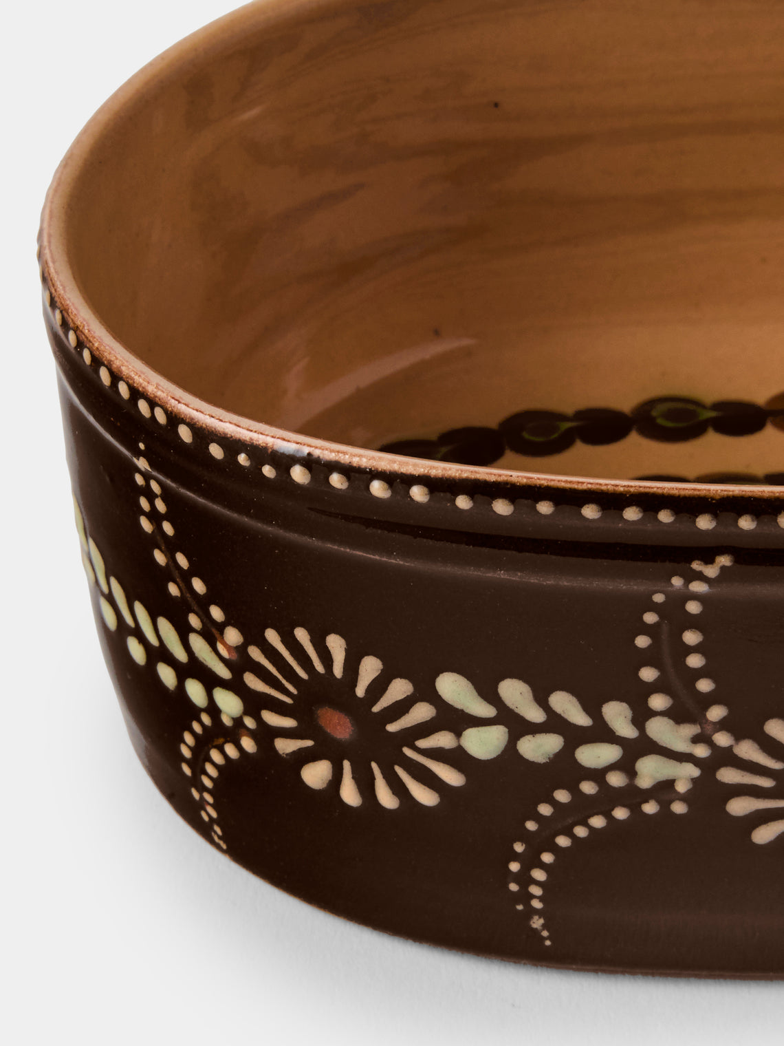Poterie d’Évires - Flowers Hand-Painted Ceramic Mini Oval Dish - Dark Brown - ABASK