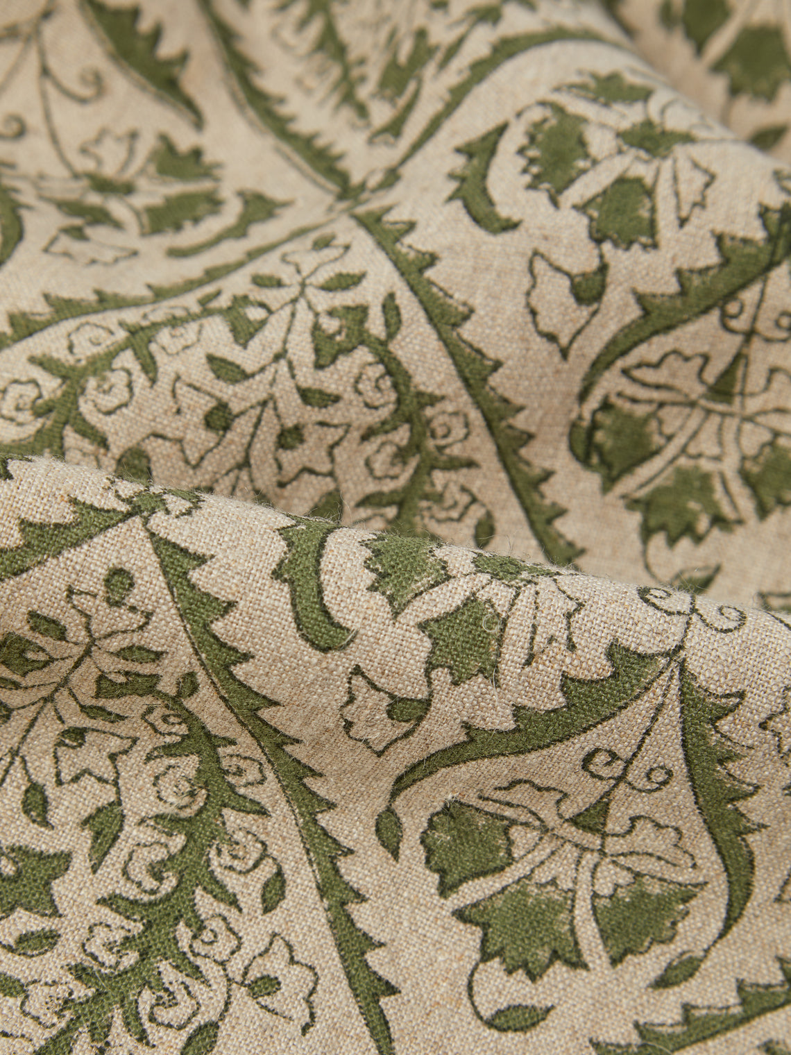 Chamois - Jaipur Block-Printed Linen Rectangular Tablecloth (138in/3.5m) - Green - ABASK