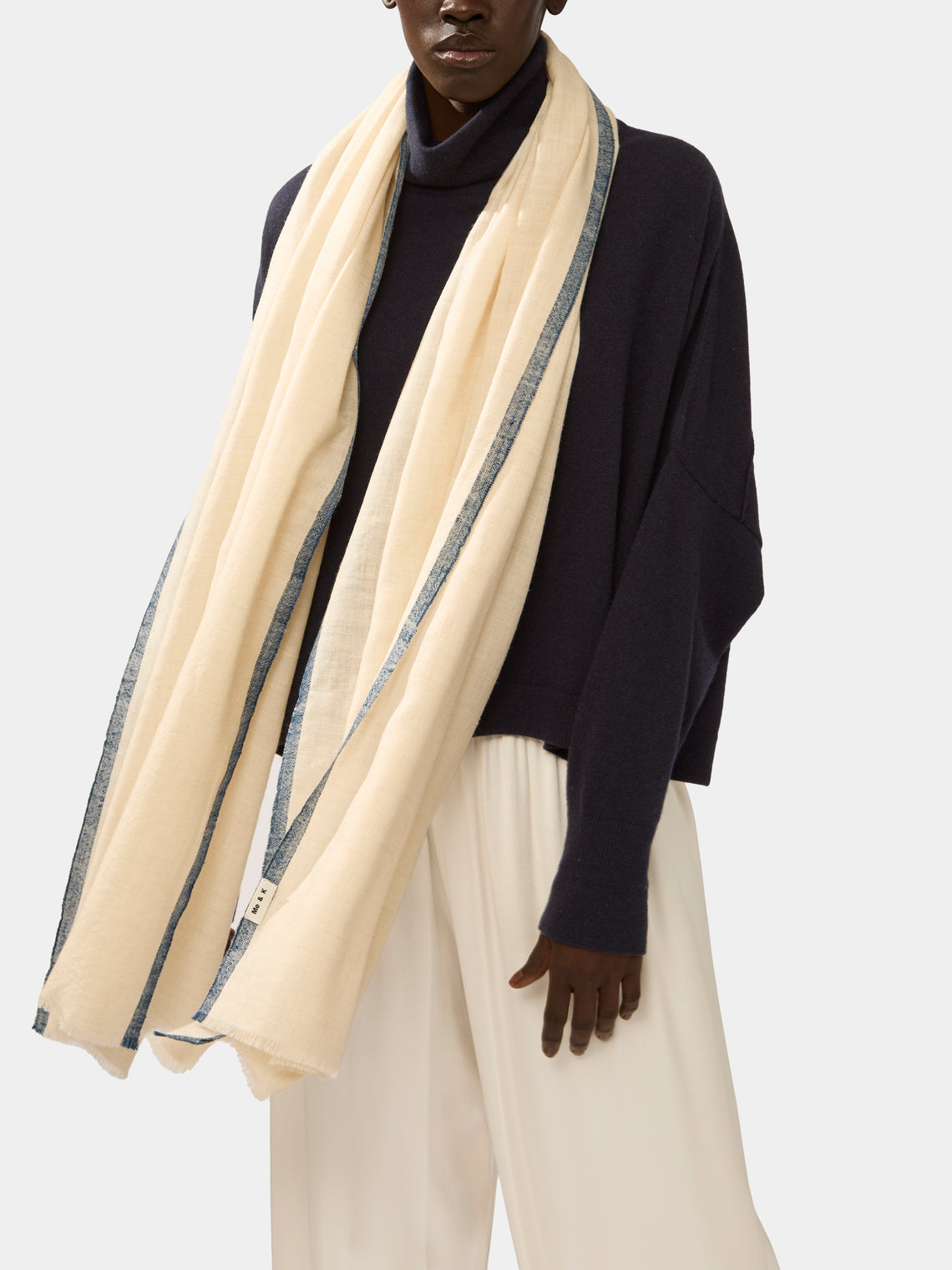 Me & K - Cashmere Border-Stripe Scarf - Ivory - ABASK