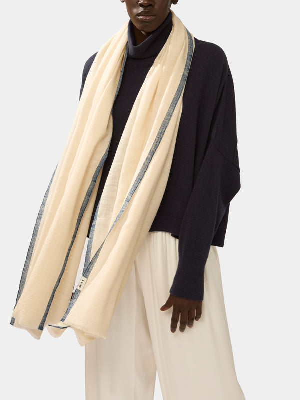 Me & K - Cashmere Border-Stripe Scarf - Ivory - ABASK