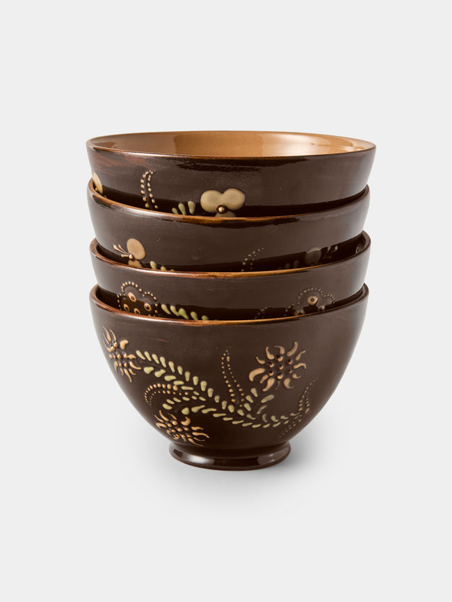 Poterie d’Évires - Flowers Hand-Painted Ceramic Grand Bowls (Set of 4) - Dark Brown - ABASK - 