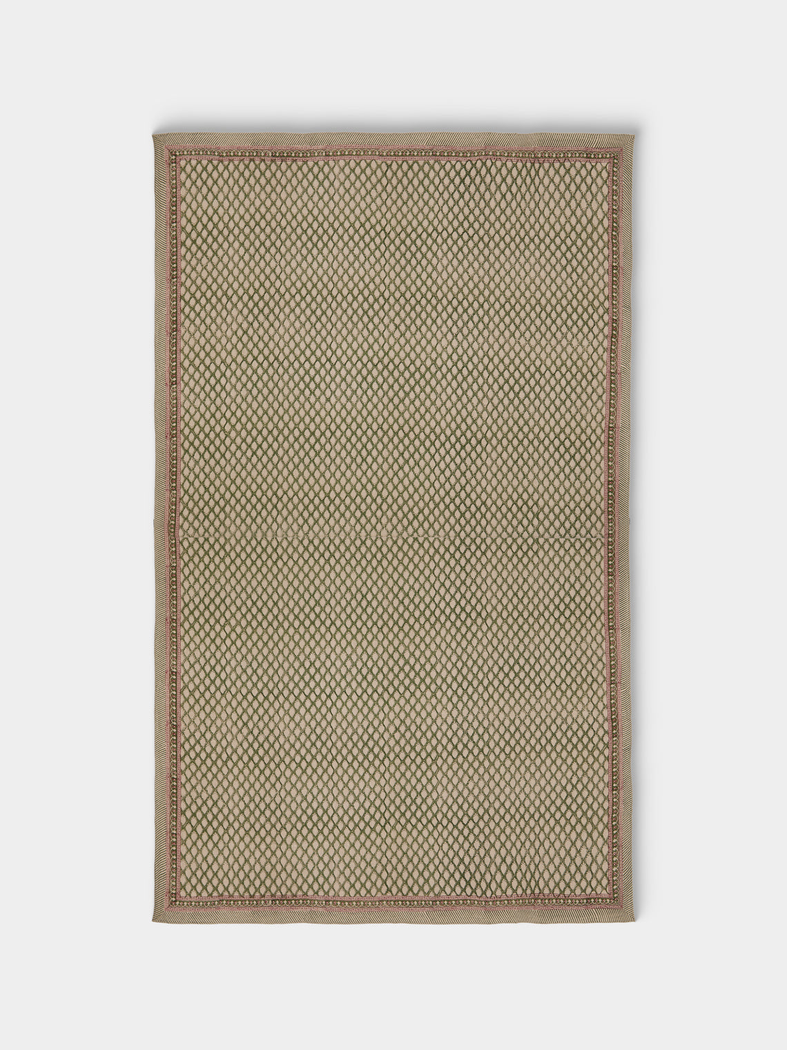 Chamois - Cypress Block-Printed Linen Rectangular Tablecloth (106in/2.7m) - Green - ABASK