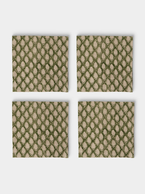 Chamois - Cypress Block-Printed Linen Napkins (Set of 4) - Green - ABASK - 