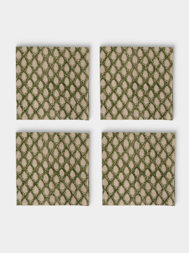 Chamois - Cypress Block-Printed Linen Napkins (Set of 4) - Green - ABASK - 