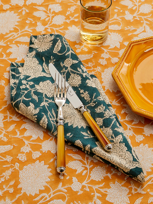Chamois - Indian Rose Block-Printed Linen Napkins (Set of 4) - Blue - ABASK