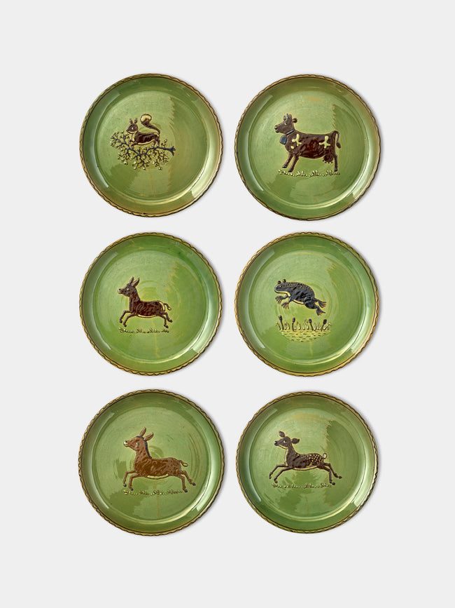 Poterie d’Évires - Animals Hand-Painted Ceramic Dinner Plates (Set of 6) - Green - ABASK - 