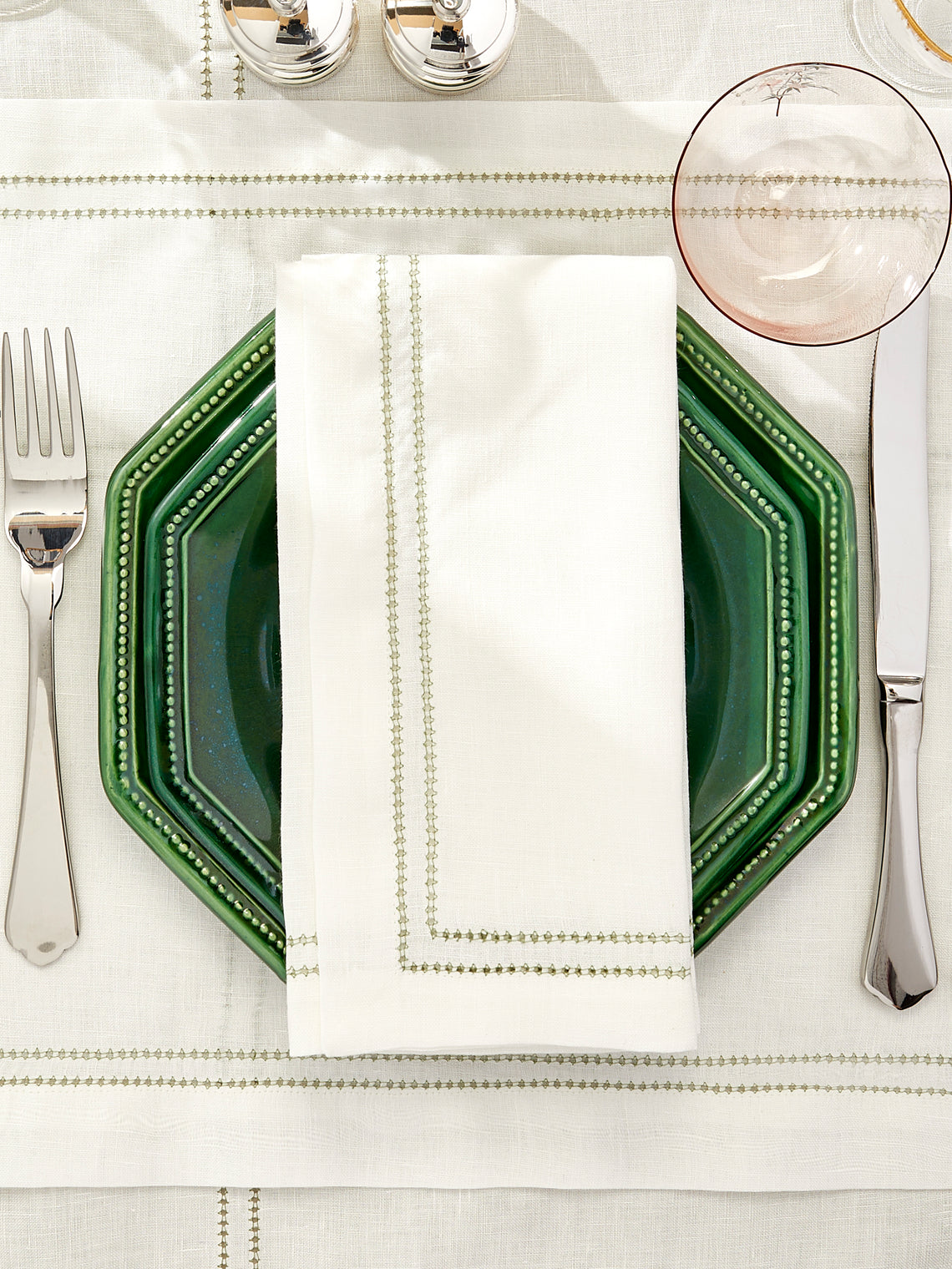 Volga Linen - Botanical Double Hem-Stitch Linen Napkins (Set of 6) - White - ABASK