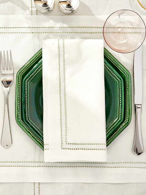Volga Linen - Botanical Double Hem-Stitch Linen Napkins (Set of 6) - White - ABASK