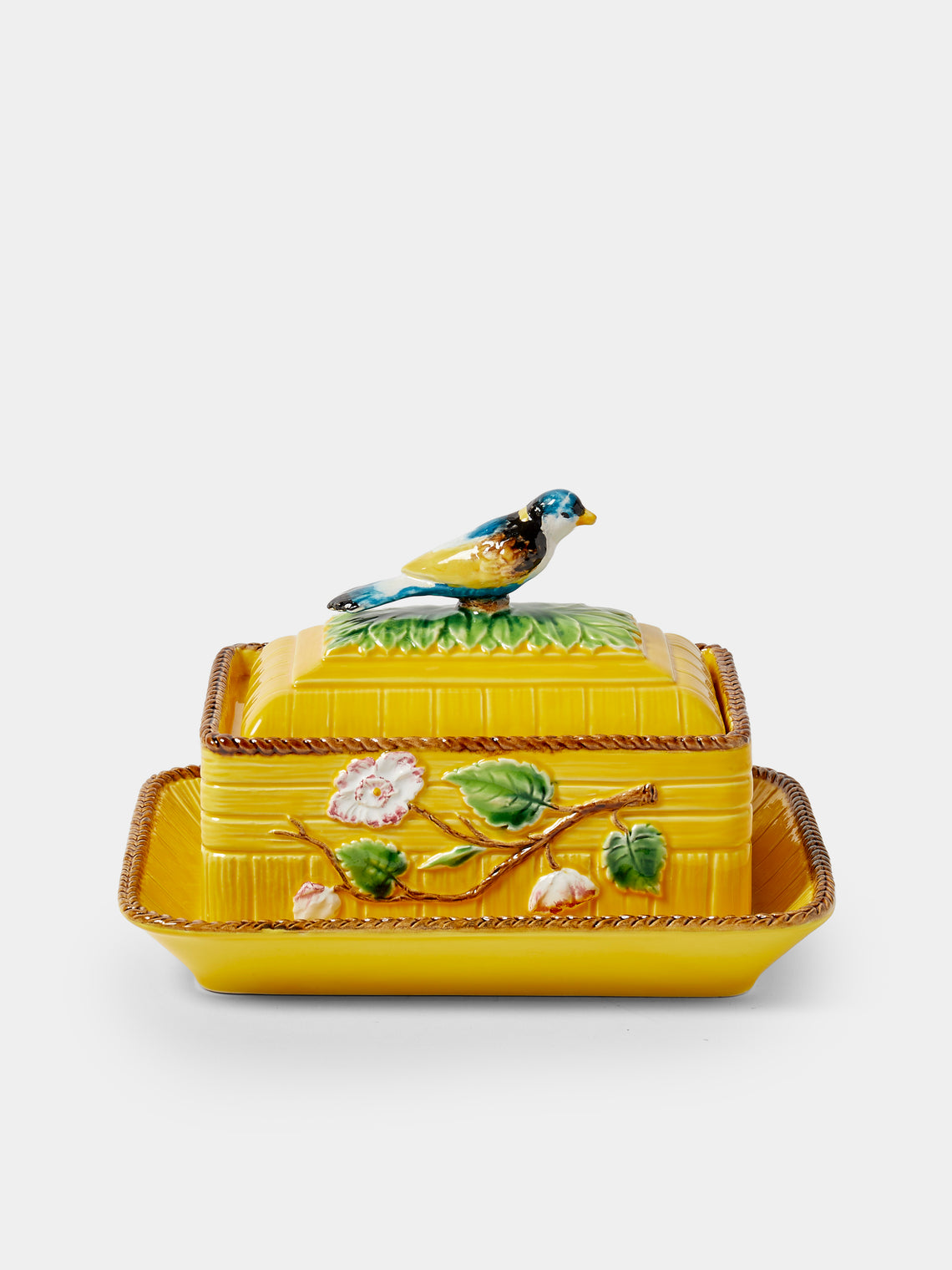 Verdolini - Bird and Flowers Hand-Painted Majolica Ceramic Box with Stand - Yellow - ABASK - 