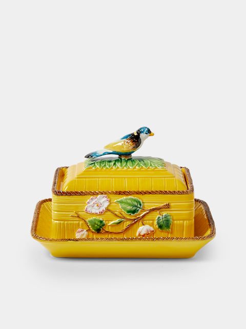 Verdolini - Bird and Flowers Hand-Painted Majolica Ceramic Box with Stand - Yellow - ABASK - 