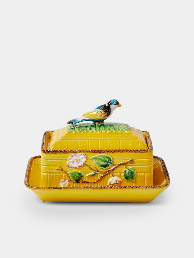 Verdolini - Bird and Flowers Hand-Painted Majolica Ceramic Box with Stand - Yellow - ABASK - 