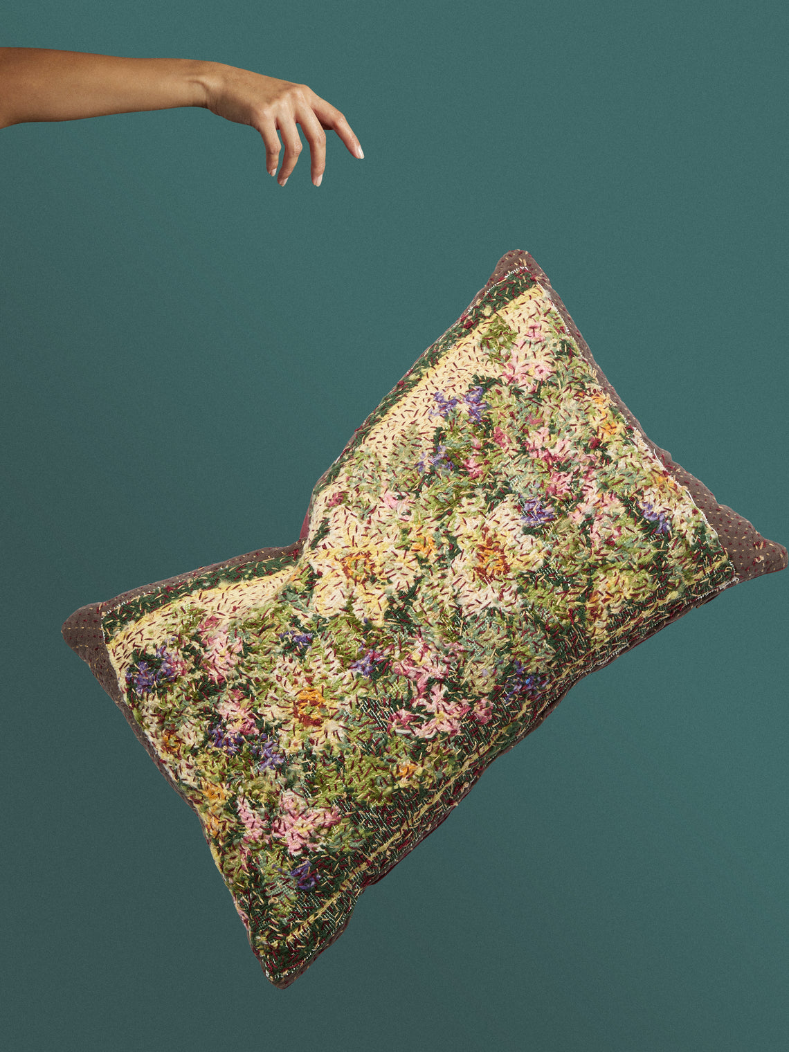 By Walid - 19th-Century Victorian Needlepoint Wool, Linen and Damask Cushion (19.5in/50cm) - Multiple - ABASK