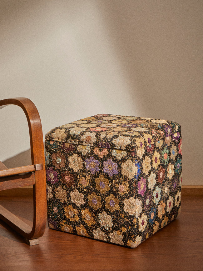 By Walid - Oak and Vintage Patchwork Silk Storage Stool - Multiple - ABASK