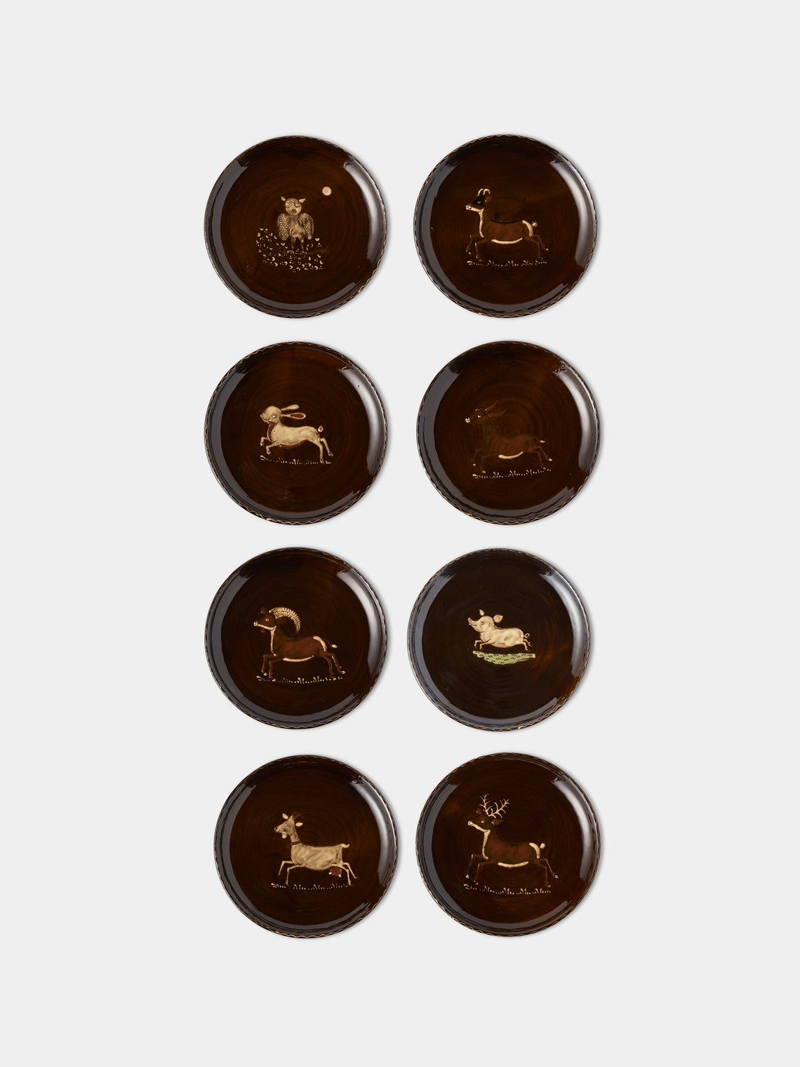 Poterie d’Évires - Animals Hand-Painted Ceramic Plates – 9.5in/24cm (Set of 8) - Dark brown - ABASK - 