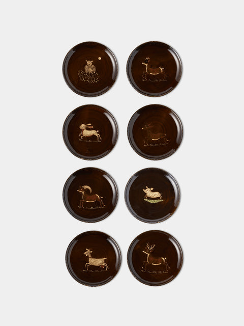Poterie d’Évires - Animals Hand-Painted Ceramic Plates – 9.5in/24cm (Set of 8) - Dark brown - ABASK - 