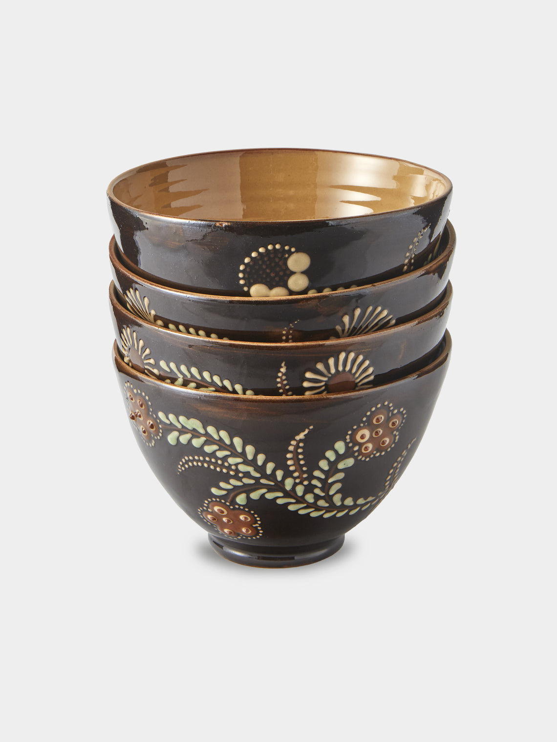 Poterie d’Évires - Flowers Hand-Painted Ceramic Grand Bowls (Set of 4) - Dark Brown - ABASK - 