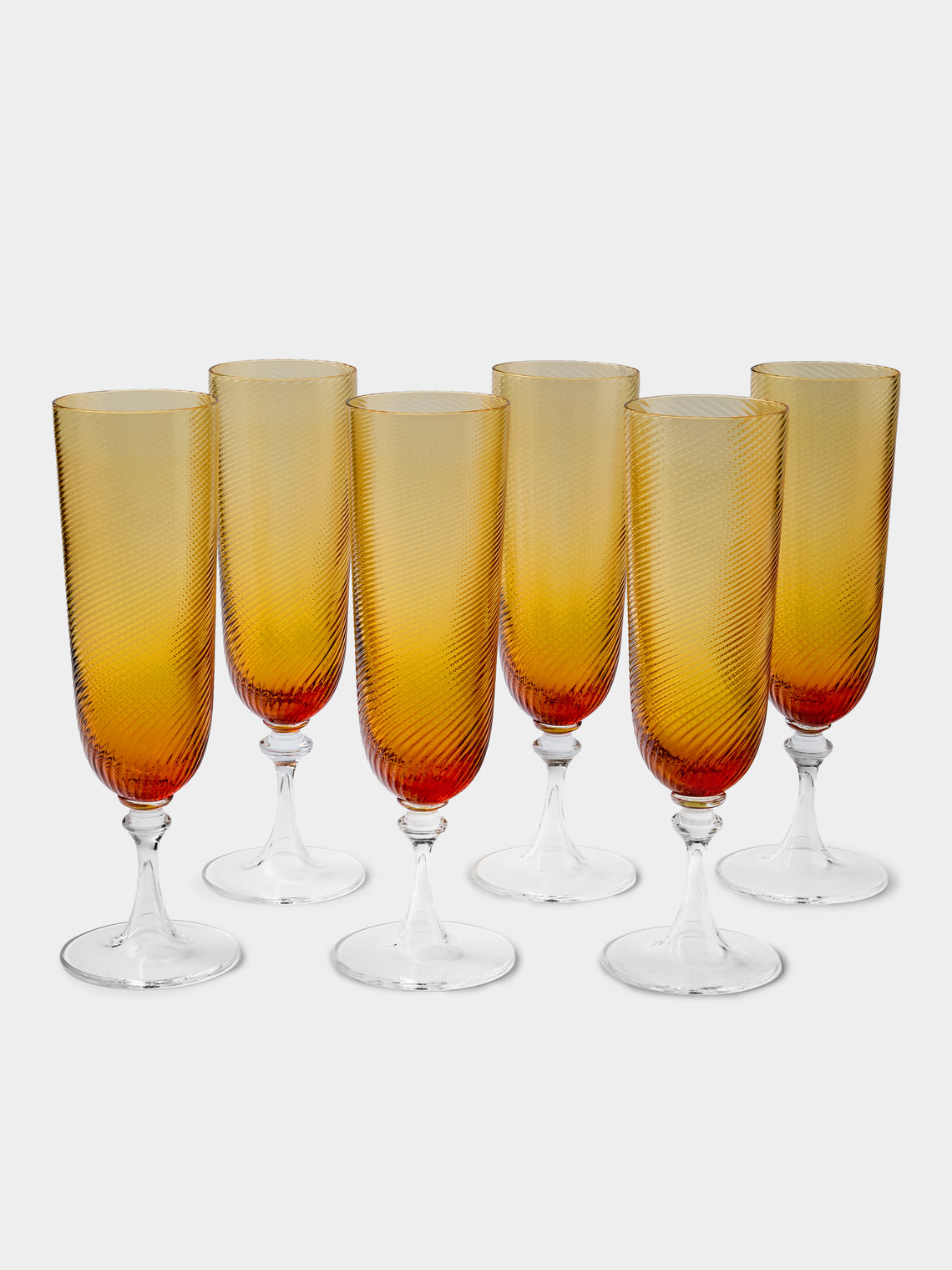 NasonMoretti - | Set of 6 | Twisted Ambra Hand-Blown Murano Glass Champagne Flutes - Yellow - ABASK 