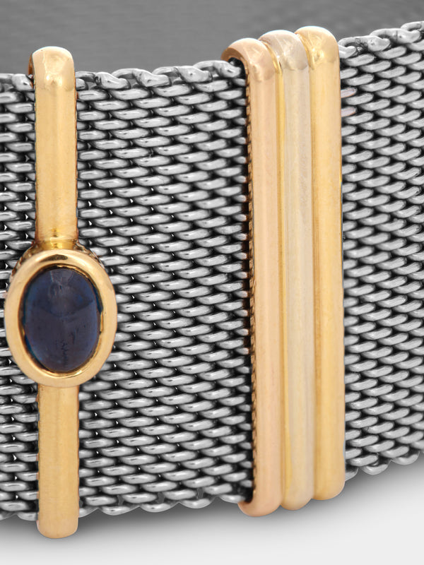 Mahnaz Collection - Vintage 1980 Cartier 18-Karat Yellow Gold, Sapphire and Stainless Steel Bracelet - Green - ABASK