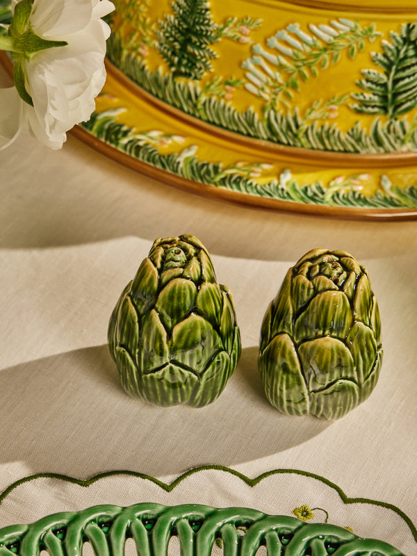 Verdolini - Artichoke Hand-Painted Majolica Ceramic Salt and Pepper Shakers (Set of 2) - Green - ABASK