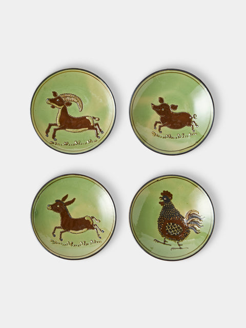 Poterie d’Évires - Animals Hand-Painted Ceramic Plates – 5.5in/14cm (Set of 4) - Green - ABASK - 