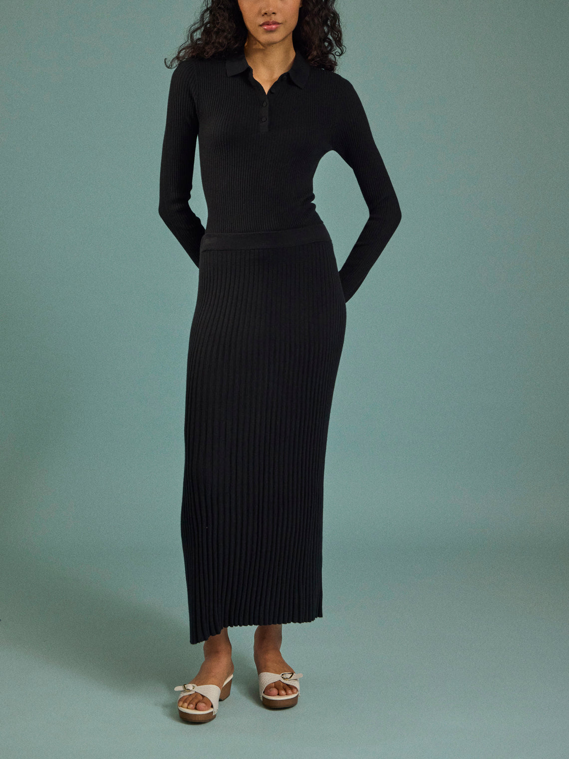 Arch4 - Nightingale Baby Goat Cashmere Long-Sleeved Polo Top | Size: S - Black - ABASK