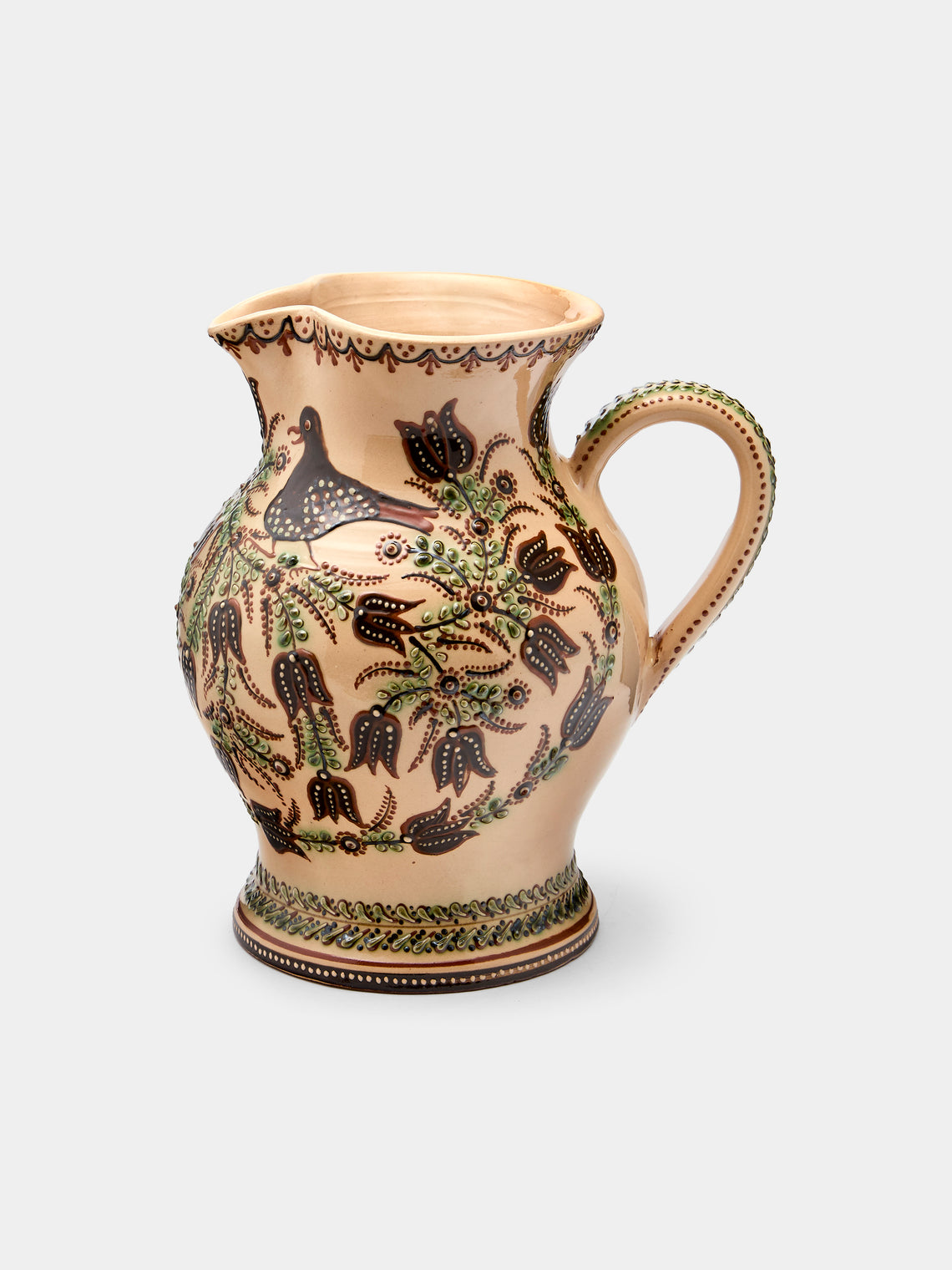 Poterie d’Évires - Birds Hand-Painted Ceramic Large Round Jug - Cream - ABASK