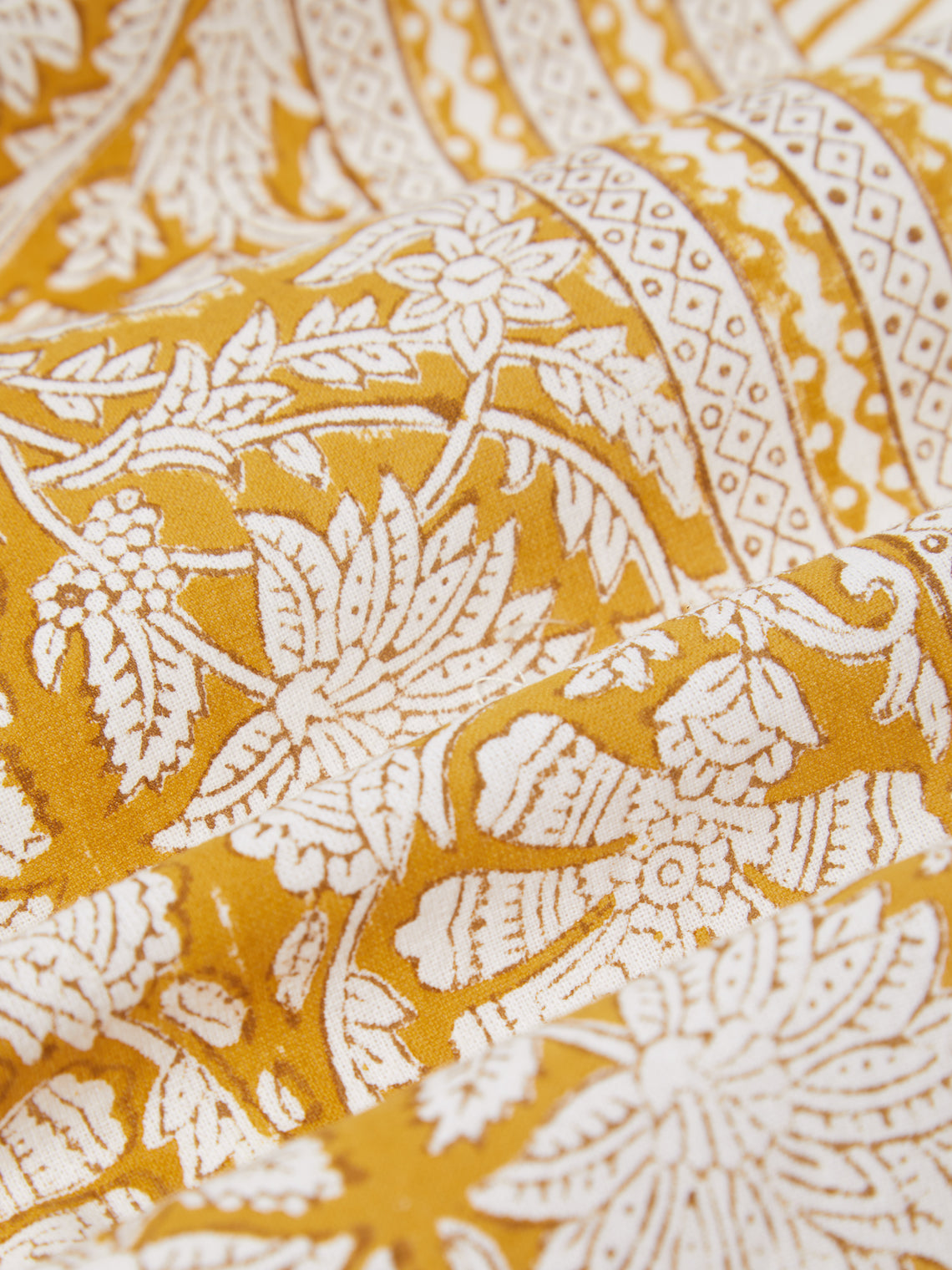 Chamois - Paradise Block-Printed Cotton Rectangular Tablecloth (106.5in/2.7m) - Yellow - ABASK