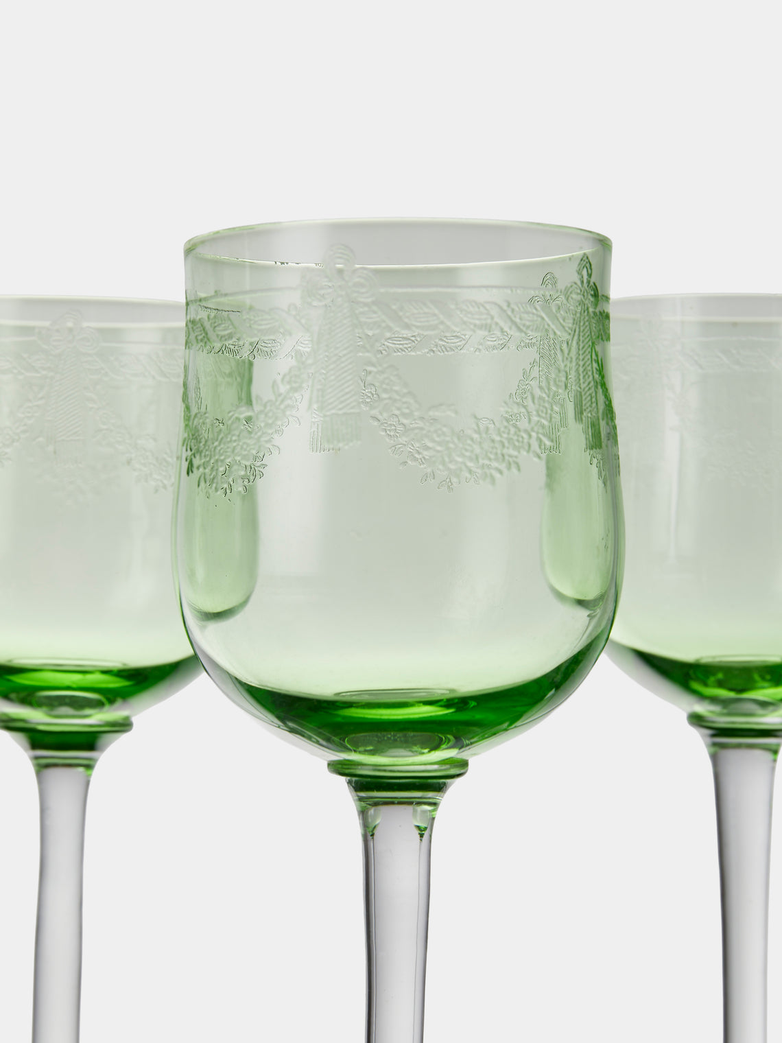 Antique and Vintage - 1900s Crystal Hock Wine Glasses (Set of 11) - Green - ABASK