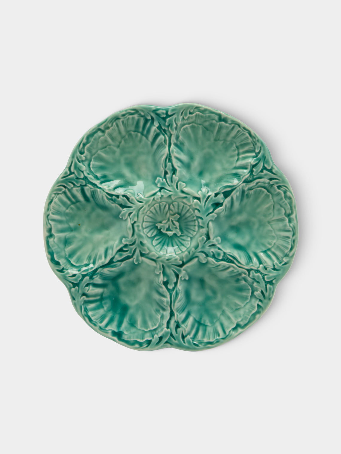Antique and Vintage - Mid-Century Cabbage Majolica Ceramic Oyster Plates – 9.5in/24cm (Set of 10) - Green - ABASK