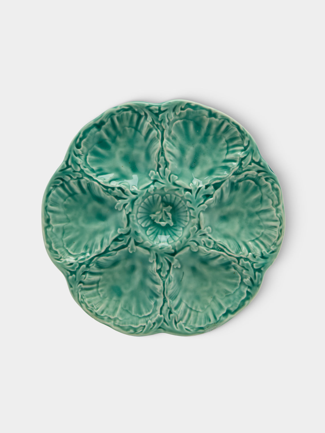 Antique and Vintage - Mid-Century Cabbage Majolica Ceramic Oyster Plates – 9.5in/24cm (Set of 10) - Green - ABASK