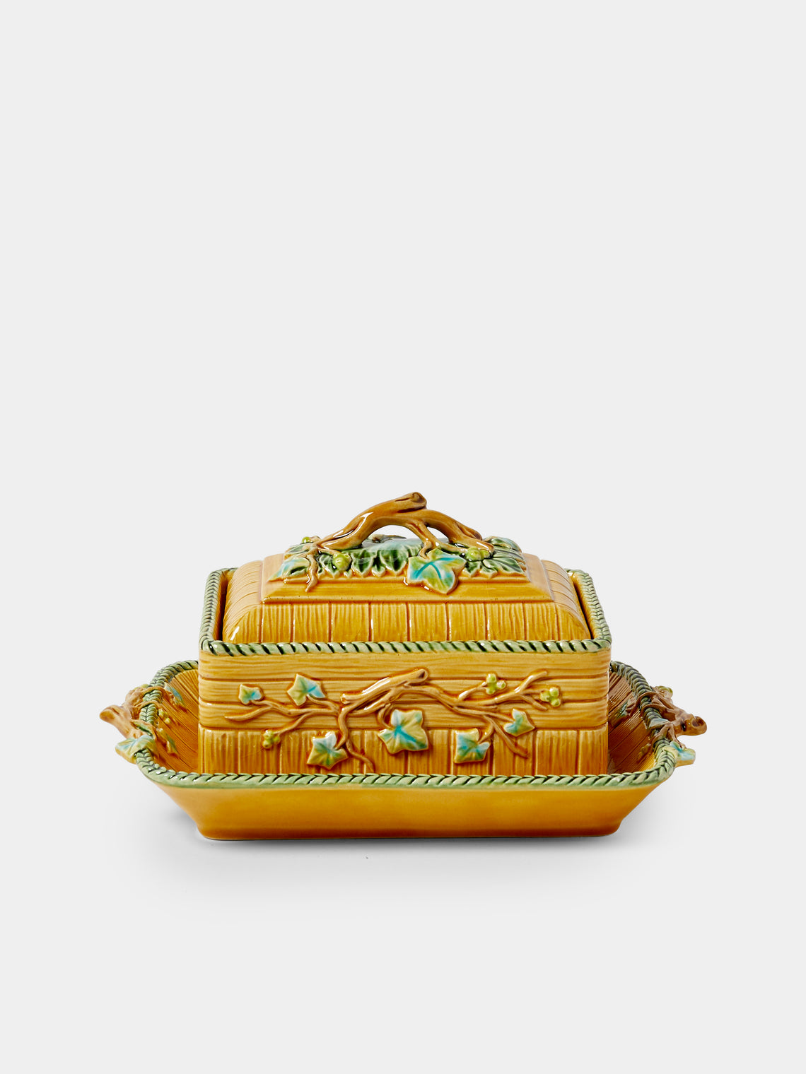 Verdolini - Branches Hand-Painted Majolica Ceramic Box with Stand - Yellow - ABASK - 