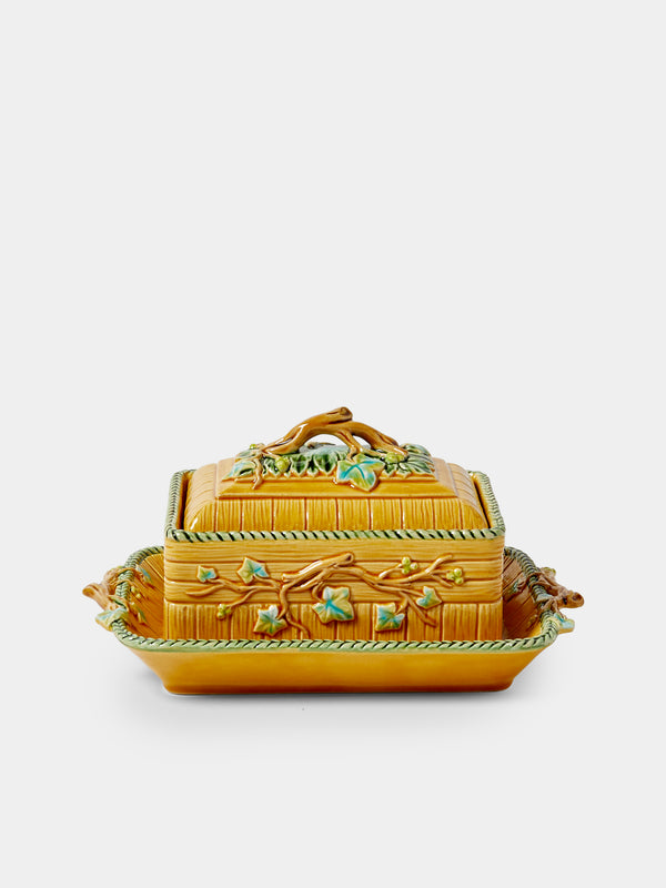 Verdolini - Branches Hand-Painted Majolica Ceramic Box with Stand - Yellow - ABASK - 